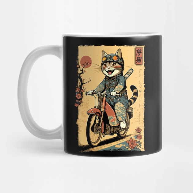 Japanese Samurai Cat on Motorcycle Kawaii Ninja Cat by Apocatnipse Meow